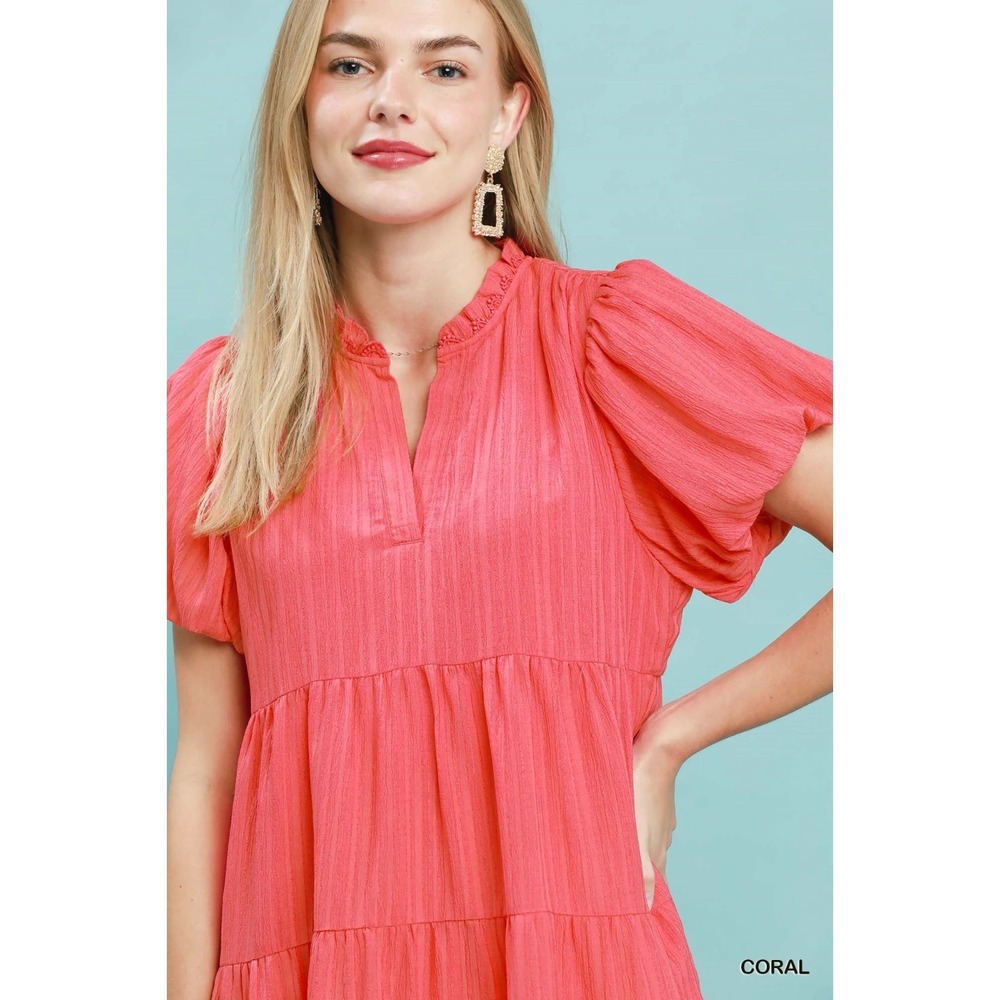 Umgee Puff Sleeve Tiered Babydoll Dress - Coral - Small - Picture 5 of 5